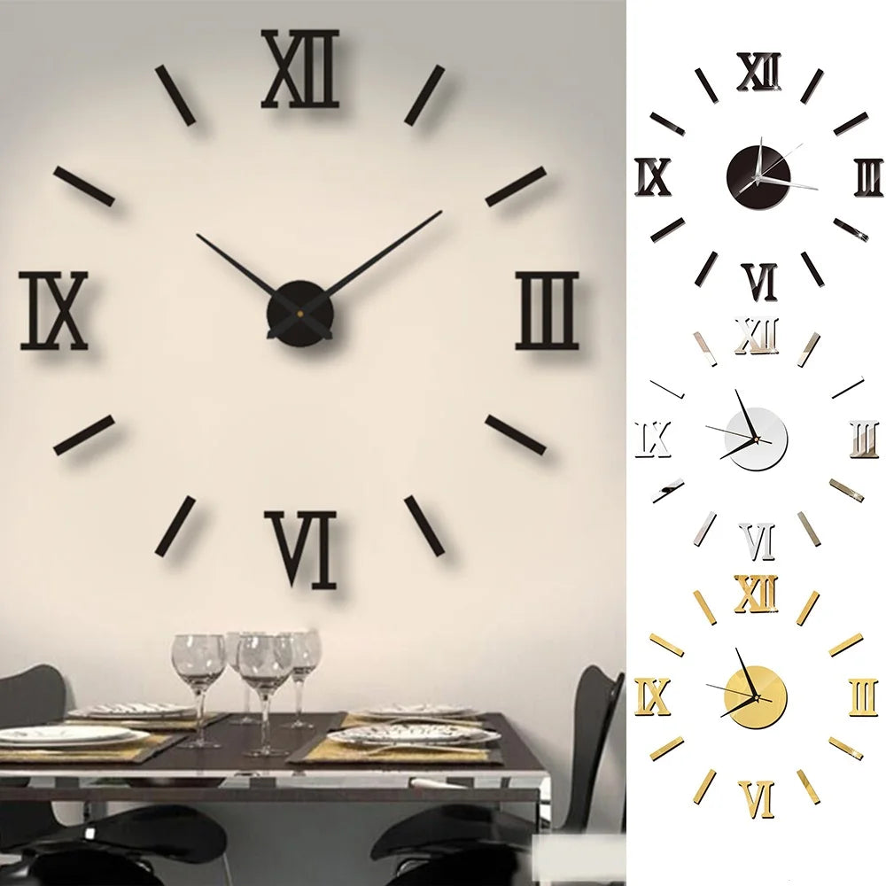 Self-Adhesive Waterproof Vapor-Proof Non-Toxic Safe Acrylic 3D Mirror Wall Clock Decals/Colors-Black/Silver/Gold