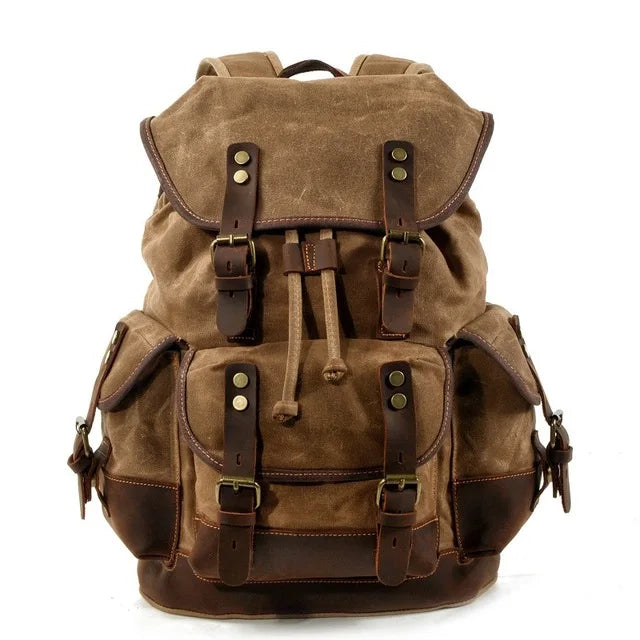 Unisex Military Hiking Interior Zipper Canvas Leather Polyester Over Flap-Belt Design Backpacks/Single Laptop Compartment/ Shoulder Strap/Handles/Interior Pockets-External Pockets/Colors-Green/Gray/Brown/Black/Animal