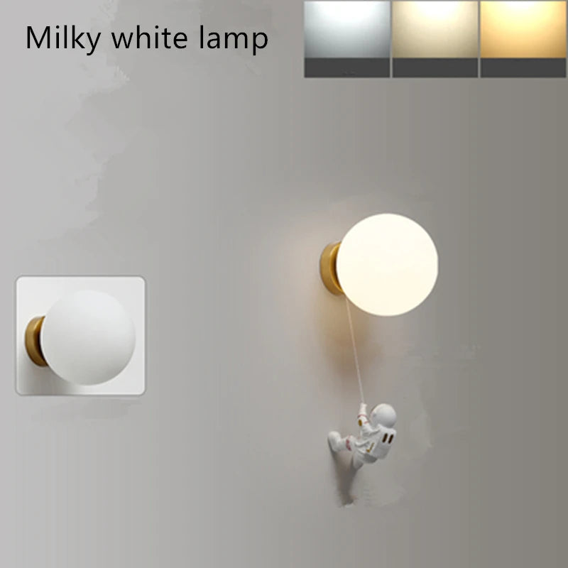 Kids Iron 3 LED Soft Light Color Glass 3D Printed Lampshade Cartoon Astronaut Resin Climbing A Adjustable Dropout Rope To The White Aura Full Moon Wall Mounted Lamps/Colors-Blue/Yellow/White/Beige