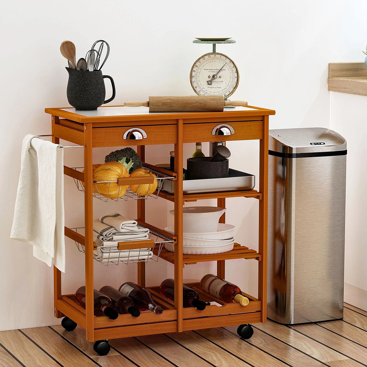 HOMCOM Brown Kitchen Ceramic Top Carts /4 Wheels w /2 Wired Baskets/2 Wood Shelves/Bottom Wine Bottle Shelf