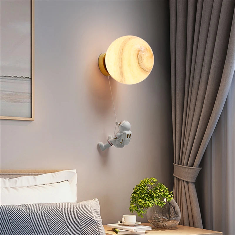 Kids Iron 3 LED Soft Light Color Glass 3D Printed Lampshade Cartoon Astronaut Resin Climbing A Adjustable Dropout Rope To The White Aura Full Moon Wall Mounted Lamps/Colors-Blue/Yellow/White/Beige