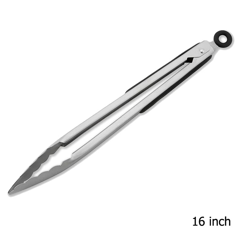 9-12-16 Inch Kitchen Long Silver Stainless Steel Non-Slip Black Silicone Handle BBQ Tongs/Lock-Hanging Hole/ High Temperature Resistant