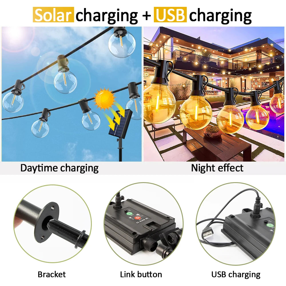 Indoor-Outdoor G40 Waterproof-Shatterproof Globe 8 Light Modes Solar String LED Warm Lights/ Colors-Black Yellow/ White/Multicolor