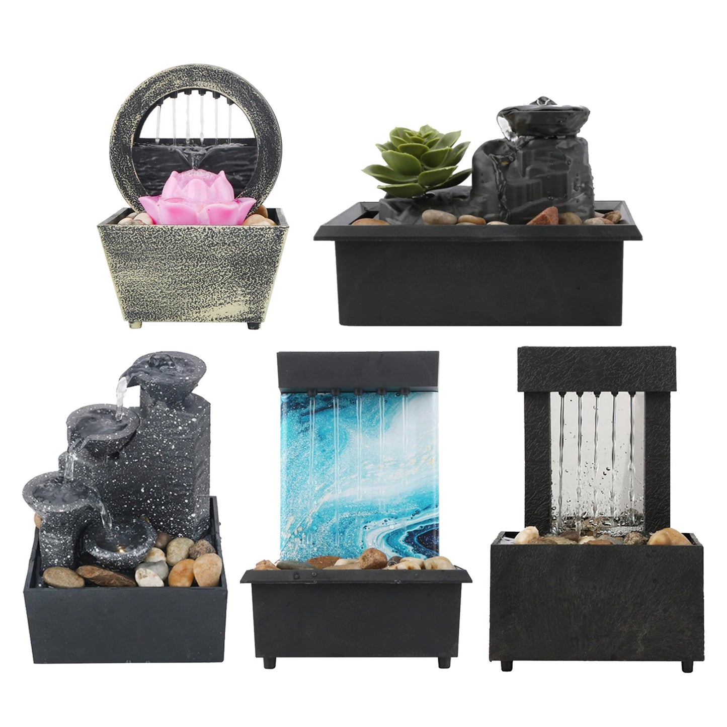Chinese Feng Shui Meditation Indoor Plastic Tabletop Cobblestone Landscape Waterfall Fountain/Colors-Blue/Black/Pink/Green /USB Cable/ 2 AA Batteries Not Included/Light Inside