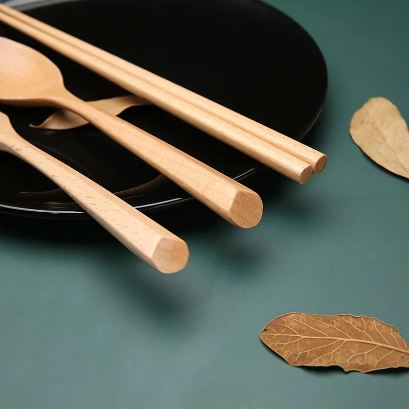Handmade Japanese Beech Wood Chopsticks Spoon , Fork Set with Gift Pocket