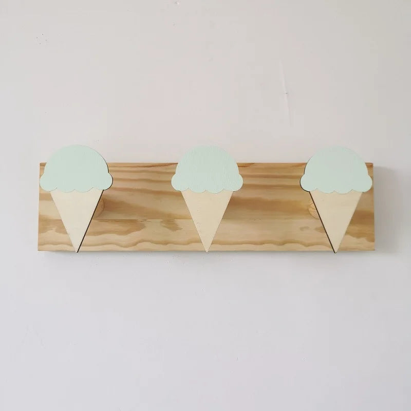 Girls Wood Cartoon Animal Rabbits-Ice Cream-Fairies 3 Hooks Wall Mounted Coat Rack
