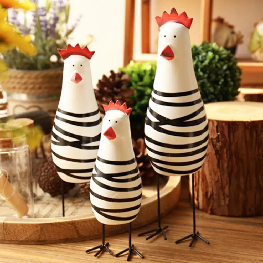 3PCS-Set Painted Carved Wood Chicken Figurines/Colors-Multicolor