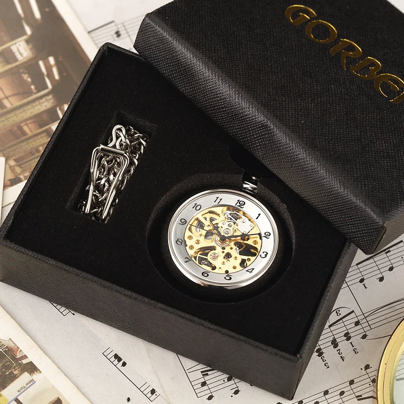 GORBEN Adults Analog Display Retro Silver-Bronze Round Roman Numeral Hand Winding Acrylic Face Stainless Steel Metal Japanese Polygon Mechanical Steampunk Skeleton Dial Pendant Chain-Pocket Watches/Gift Box Optional