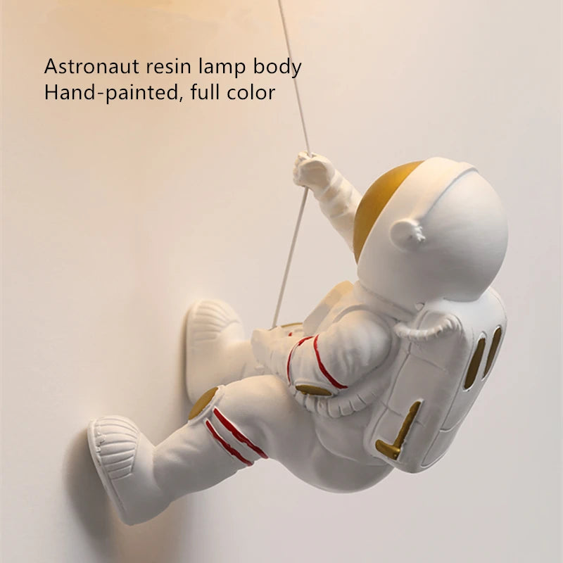 Kids Iron 3 LED Soft Light Color Glass 3D Printed Lampshade Cartoon Astronaut Resin Climbing A Adjustable Dropout Rope To The White Aura Full Moon Wall Mounted Lamps/Colors-Blue/Yellow/White/Beige