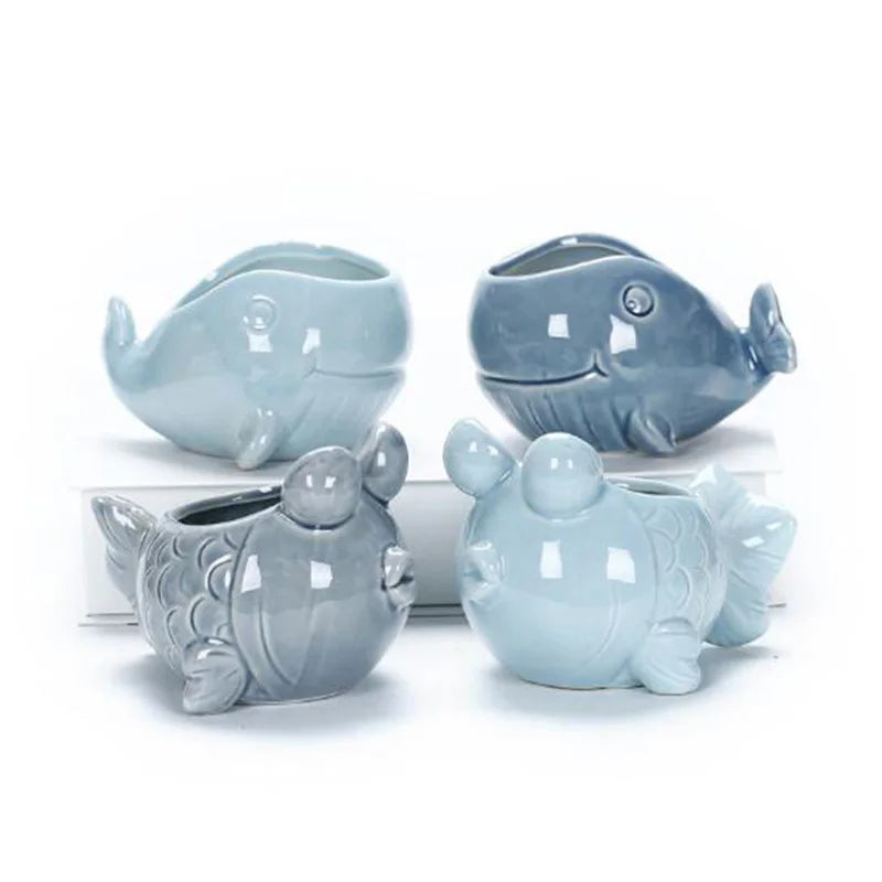 European Style Cute Fleshy Flowerpot Pocelain Blue Fish Macetas Vase Home Garden Mini Bonsai Cactus Flower Pot Balcony Decor