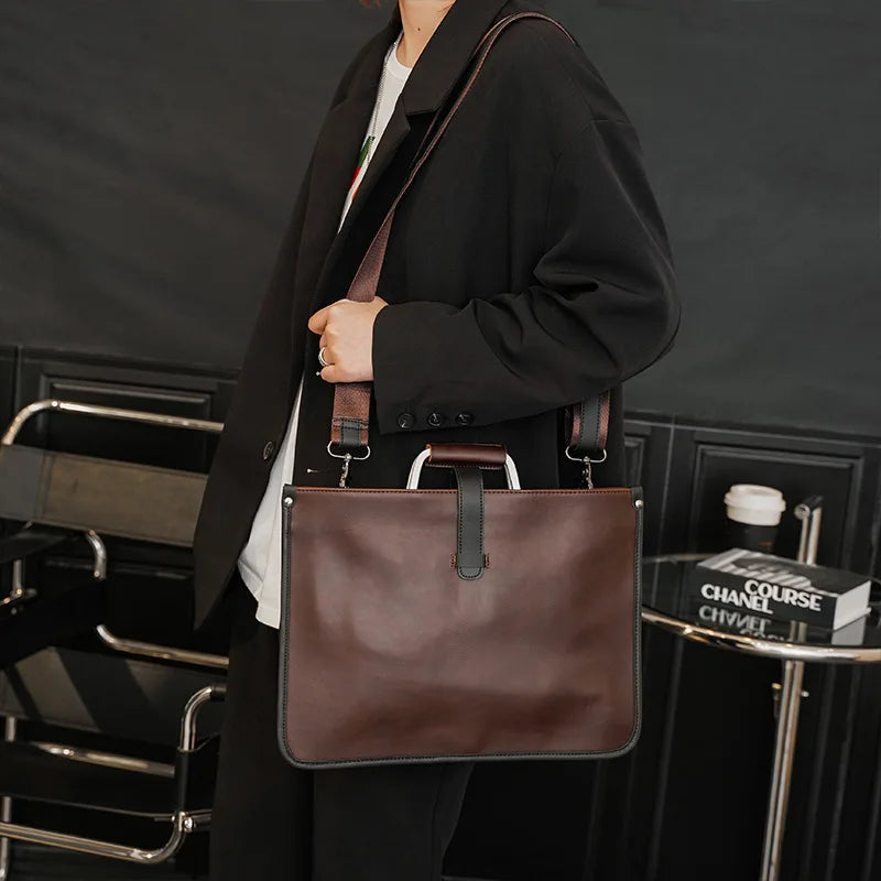 Brown Faux Leather Polyester Lining Interior/Exterior Zipper Slit Pockets Crossbody Shoulder Strap-Handles Briefcase Bags/Fits 14 Inch Laptop/Laptop Compartment