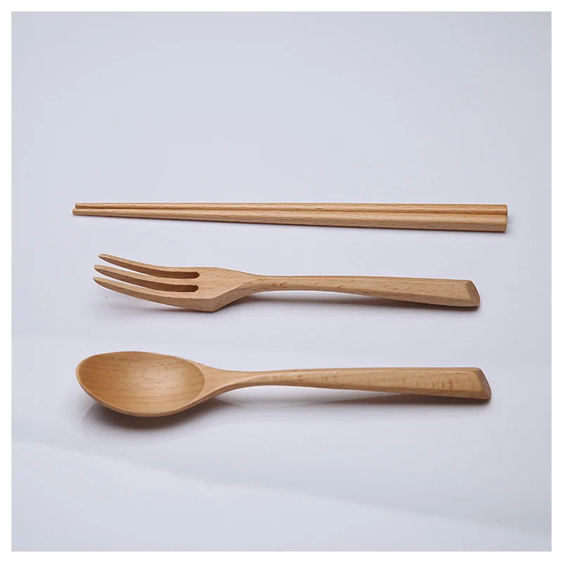 Handmade Japanese Beech Wood Chopsticks Spoon , Fork Set with Gift Pocket