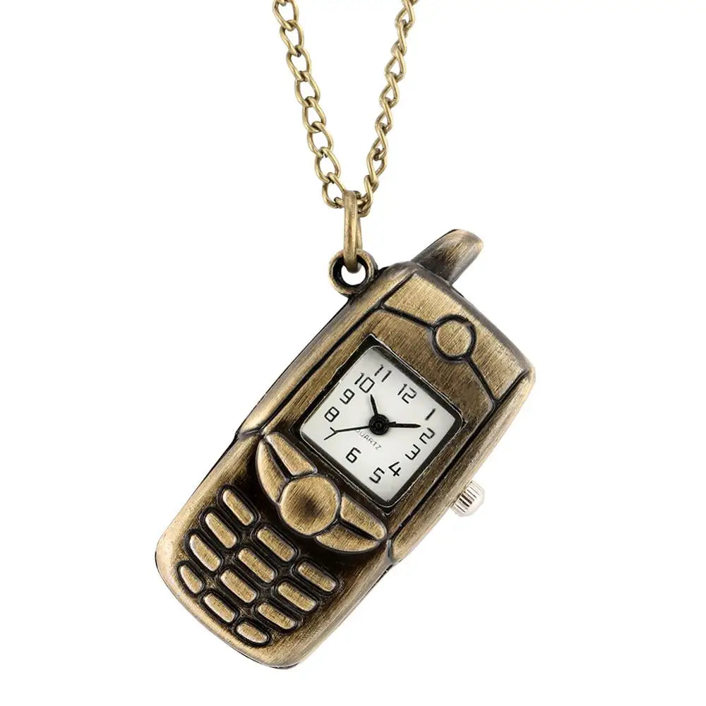 YISUYA Unisex Adults Quartz Small Bronze-White Face Mobile Cell Phone Shaped Stainless Steel Metal Case Acrylic Face 12-Hour Dial Analog Display Pendant Necklace Chain-Pocket Watches