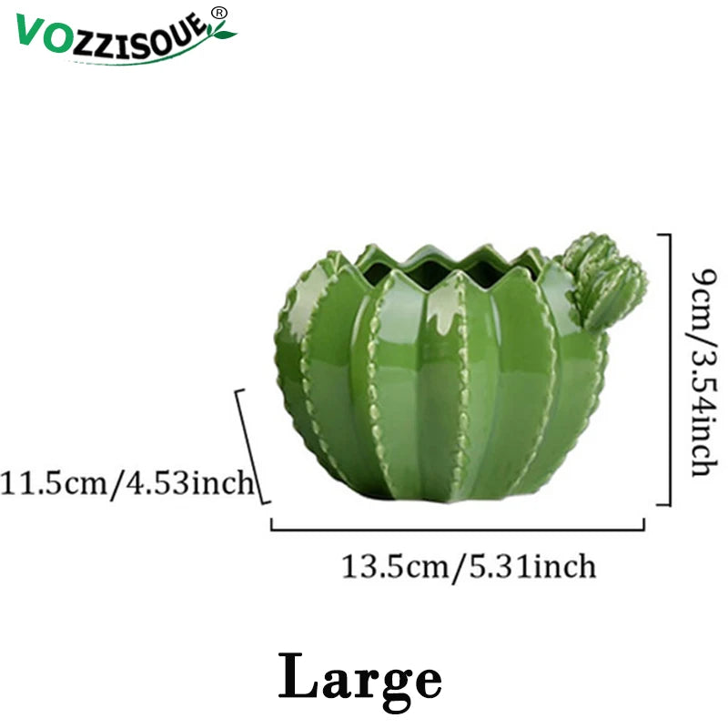 VAZZISOUE Indoor Handmade Glazed Porcelain Ceramic Green Cactus Shaped Design Succulent Bonsai Desktop Flower Pots Planters/ Small-Medium-Large Sizes