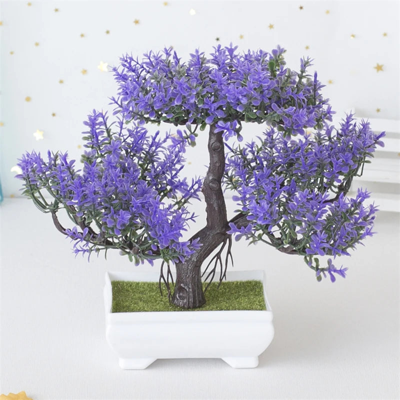 Indoor Artificial Plastic Non-Flowering Small Magnoliopsida Bonsai Tree-Rectangle Pot/Colors-Green/Purple/Yellow