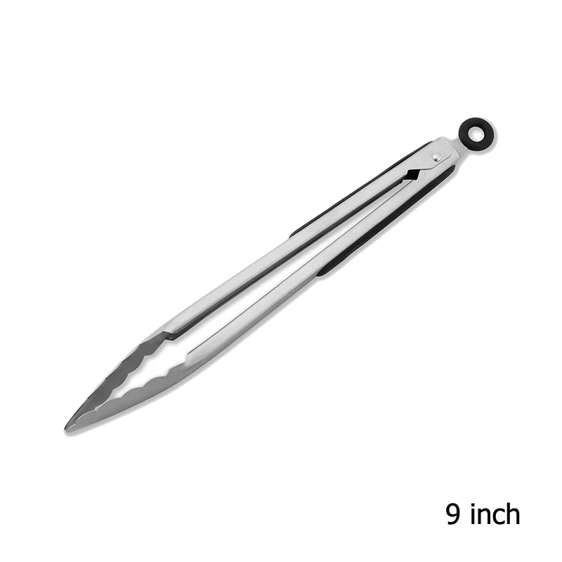 9-12-16 Inch Kitchen Long Silver Stainless Steel Non-Slip Black Silicone Handle BBQ Tongs/Lock-Hanging Hole/ High Temperature Resistant