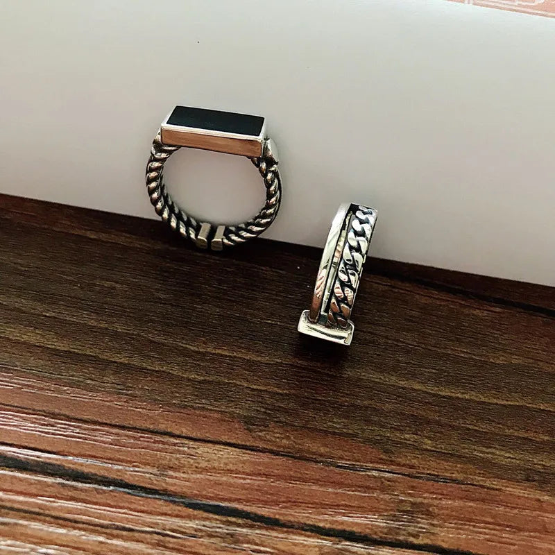 QMCOCO Adult Women Metal Rectangle Flat Silver-Black Stone Design Adjustable Wedding Bands Imitation Round Rings