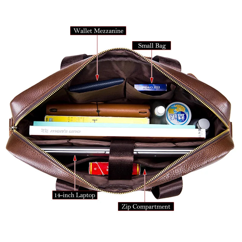 BULLCAPTAIN Cow Leather Shoulder Zipper Briefcase Bags/External Slit Pockets//14 inch Laptop Compartment /Detachable Handle/Straps/Colors-Black/Brown
