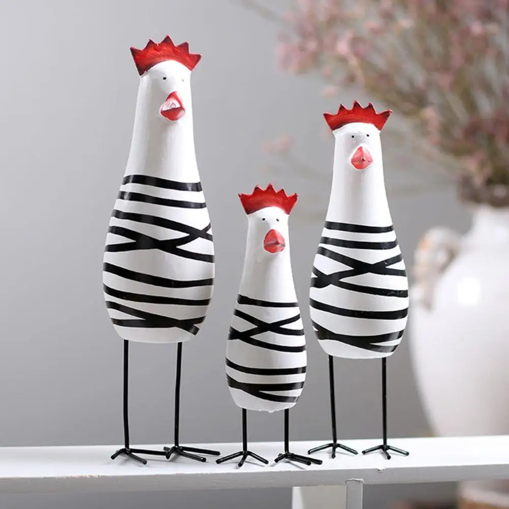3PCS-Set Painted Carved Wood Chicken Figurines/Colors-Multicolor