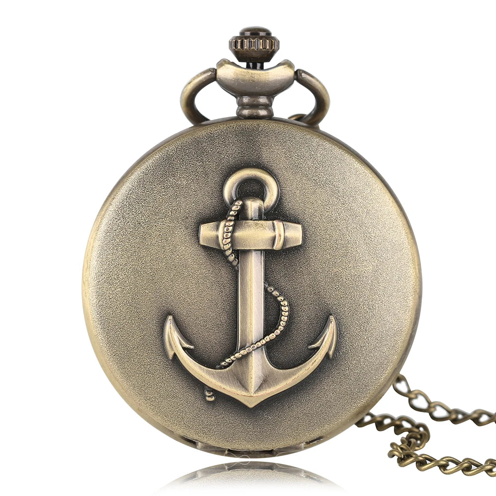YISUYA Adults Waterproof Antique Japanese Quartz Bronze-Silver Metal Alloy Round Shaped Case 12 Hour Display Acrylic Face 3D Anchor-Rope Design Necklace Chain-Pocket Watches