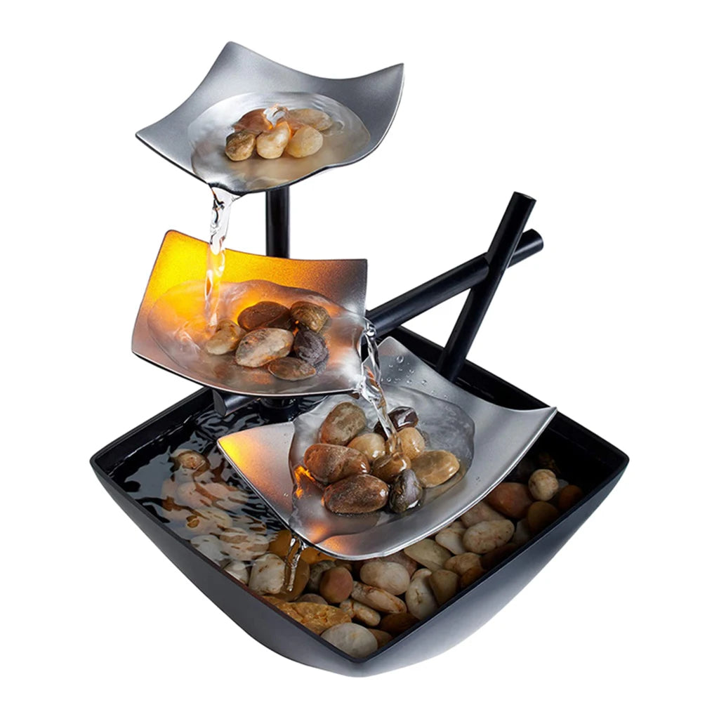 Small 3-Tiers Metal Silver Square Flowing Iron Black Bowl Pebble Desktop Fountains /Colors-Black/Silver/US Plug