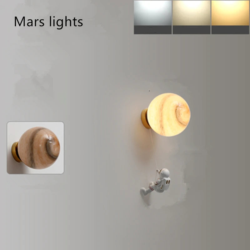 Kids Iron 3 LED Soft Light Color Glass 3D Printed Lampshade Cartoon Astronaut Resin Climbing A Adjustable Dropout Rope To The White Aura Full Moon Wall Mounted Lamps/Colors-Blue/Yellow/White/Beige