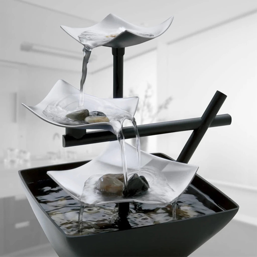 Small 3-Tiers Metal Silver Square Flowing Iron Black Bowl Pebble Desktop Fountains /Colors-Black/Silver/US Plug