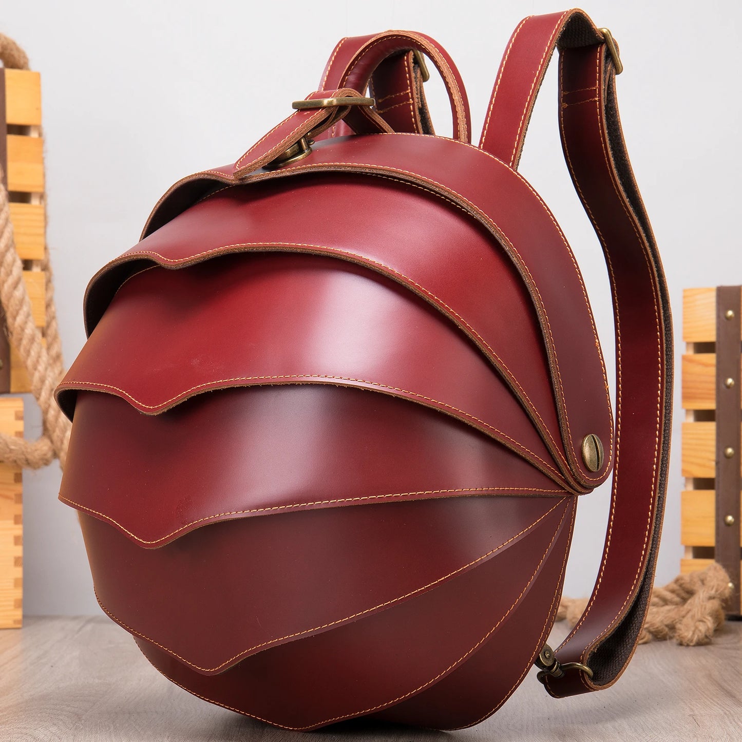 WESTAL Women Mini Round External Frame Beetle Shaped Red Genuine Leather Curve Back Support Polyester Zipper Lining Internal Pockets Built-In Tablet Compartment Shoulder Straps-Handle Anti-Theft Pockets Backpacks/Keychain Holder/Colors-Red/Black/Brown