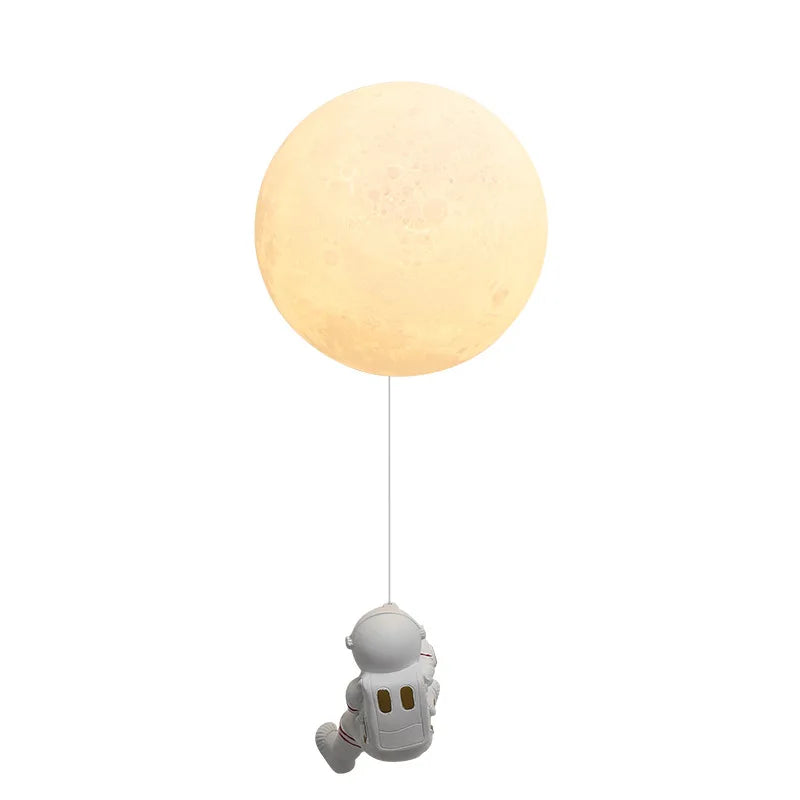 Kids Iron 3 LED Soft Light Color Glass 3D Printed Lampshade Cartoon Astronaut Resin Climbing A Adjustable Dropout Rope To The White Aura Full Moon Wall Mounted Lamps/Colors-Blue/Yellow/White/Beige