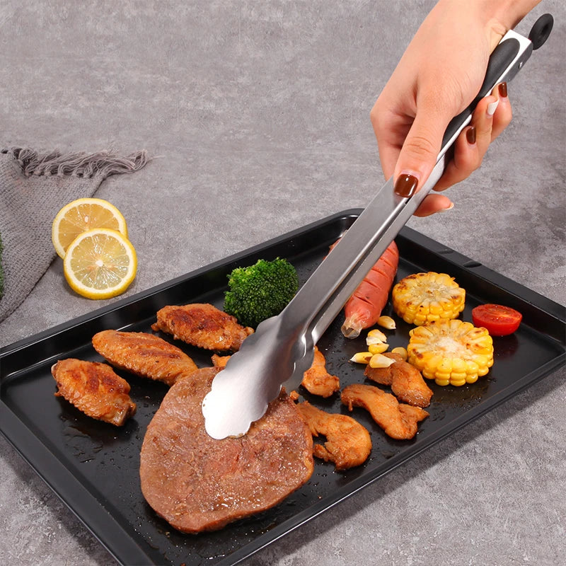 9-12-16 Inch Kitchen Long Silver Stainless Steel Non-Slip Black Silicone Handle BBQ Tongs/Lock-Hanging Hole/ High Temperature Resistant