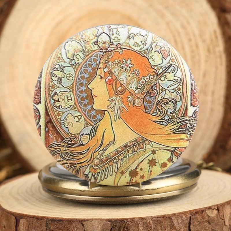 YISUYA Women Antique Quartz Analog-Digital Display Arabic Numeral Gold Stainless Steel Metal Round Case 12-Hour Acrylic Face Colorful Floral Background With Women Side Beautiful Red Hair Fair Skin Face Design Gold Chain-Pocket Watches