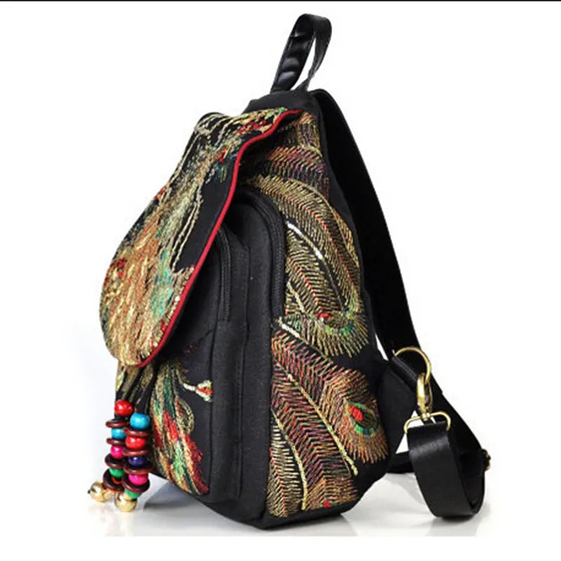 Veowalk Women Vintage Embroidered Peacock Sequins Zipper Polyester Canvas Backpacks/Detachable Strays-Handle/Colors-Black/Red/Blue