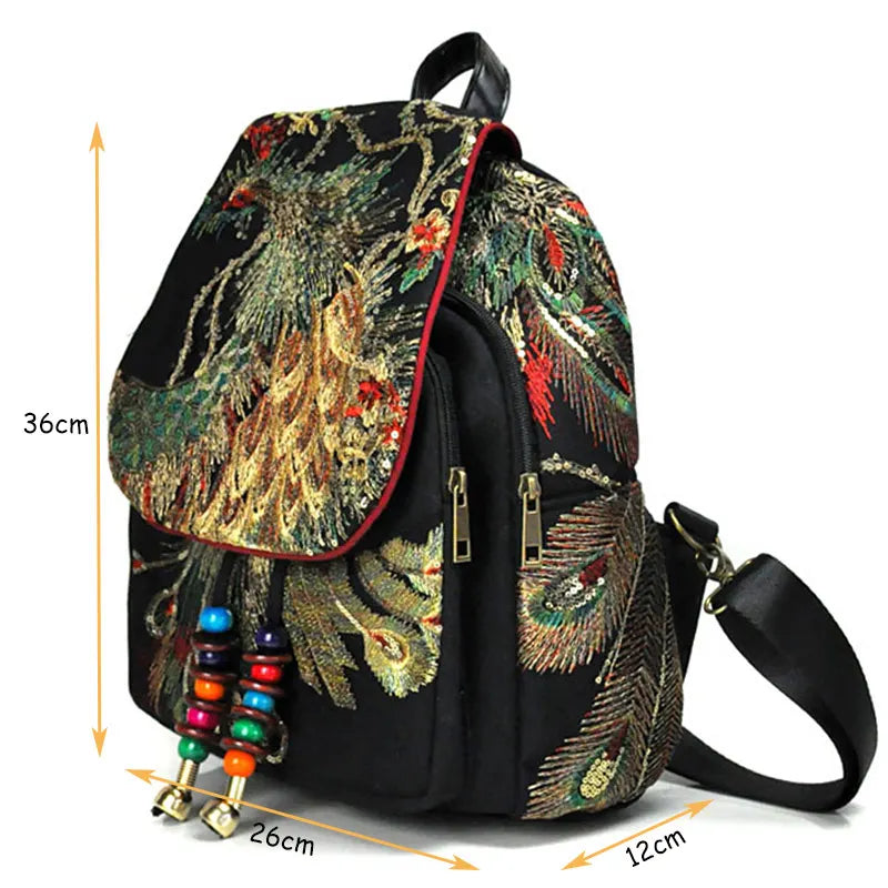 Veowalk Women Vintage Embroidered Peacock Sequins Zipper Polyester Canvas Backpacks/Detachable Strays-Handle/Colors-Black/Red/Blue