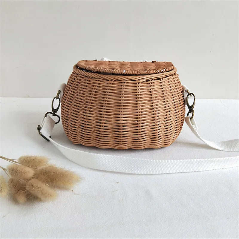 ARTMOMO Kids Lightweight External Frame Handmade Brown-Beige Rattan Criss-Cross Hollow-Out Small Linen Lining Retractable Shoulder Straps-Handle Mini Basket Backpacks/Optional-Rear Bicycle Baskets