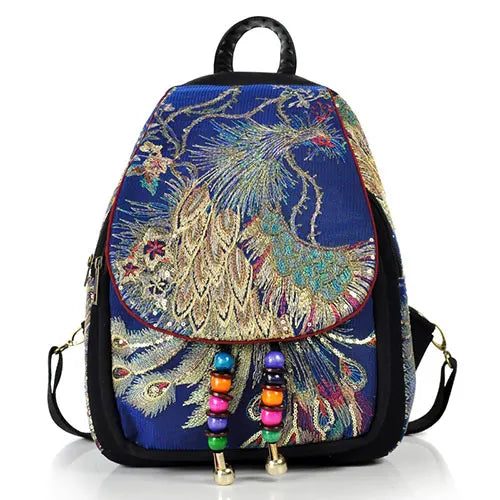 Veowalk Women Vintage Embroidered Peacock Sequins Zipper Polyester Canvas Backpacks/Detachable Strays-Handle/Colors-Black/Red/Blue
