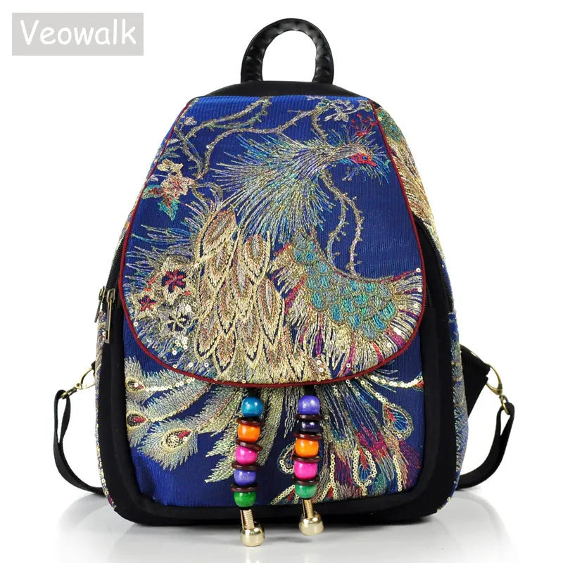 Veowalk Women Vintage Embroidered Peacock Sequins Zipper Polyester Canvas Backpacks/Detachable Strays-Handle/Colors-Black/Red/Blue