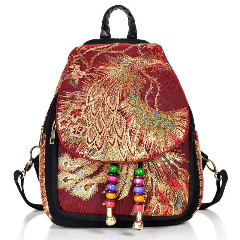 Veowalk Women Vintage Embroidered Peacock Sequins Zipper Polyester Canvas Backpacks/Detachable Strays-Handle/Colors-Black/Red/Blue