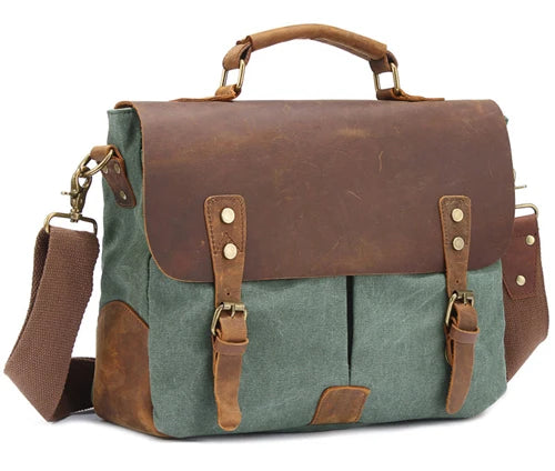 MUNUKI Men Vintage Convertible Thick Canvas Brown-Gray Cowhide Leather Soft Handle-Detachable Shoulder Strap Zipper-Hasp Cotton Lining 14 Inch Laptop Single Compartment External Pockets Business Briefcases/Colors-Gray/Brown
