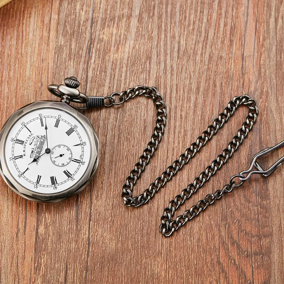 GORBEN Adults Antique Glass Face Round Shaped Roman Numeral Silver Stainless Steel Metal Case Mechanical Hand Winding London Skeleton Dial Locomotive Train Pendant Chain-Pocket Watches