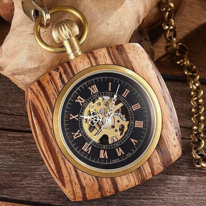 GORBEN Adults Vintage Manuel Winding Roman Numeral Carved Wood Square Shaped Case Acrylic Face Skeleton Dial Mechanical Gold Metal Open Face Fob Gold Chain-Pocket Watches