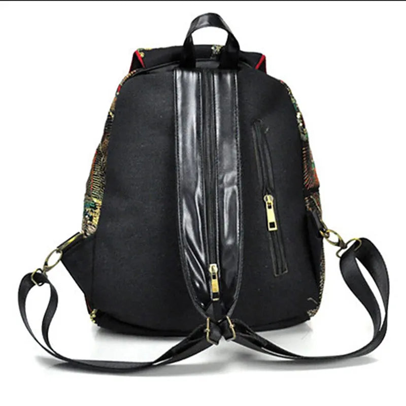 Veowalk Women Vintage Embroidered Peacock Sequins Zipper Polyester Canvas Backpacks/Detachable Strays-Handle/Colors-Black/Red/Blue