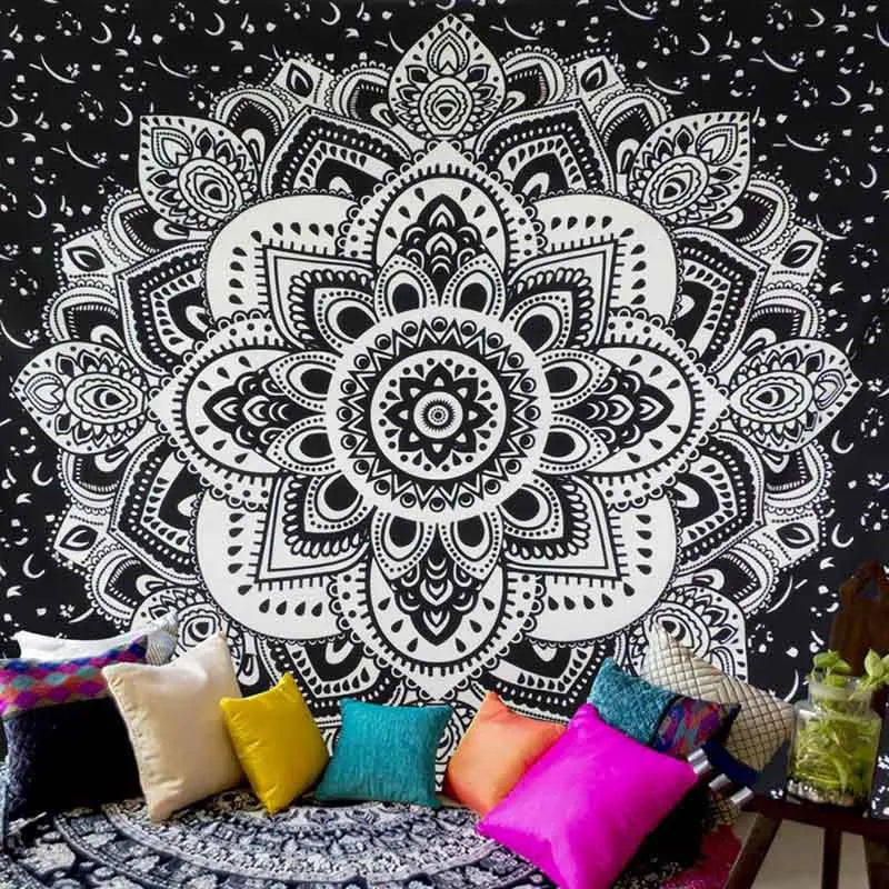 Geometric Color Printed Black Background Mandala Wall Hanging Cotton-Polyester Tapestries