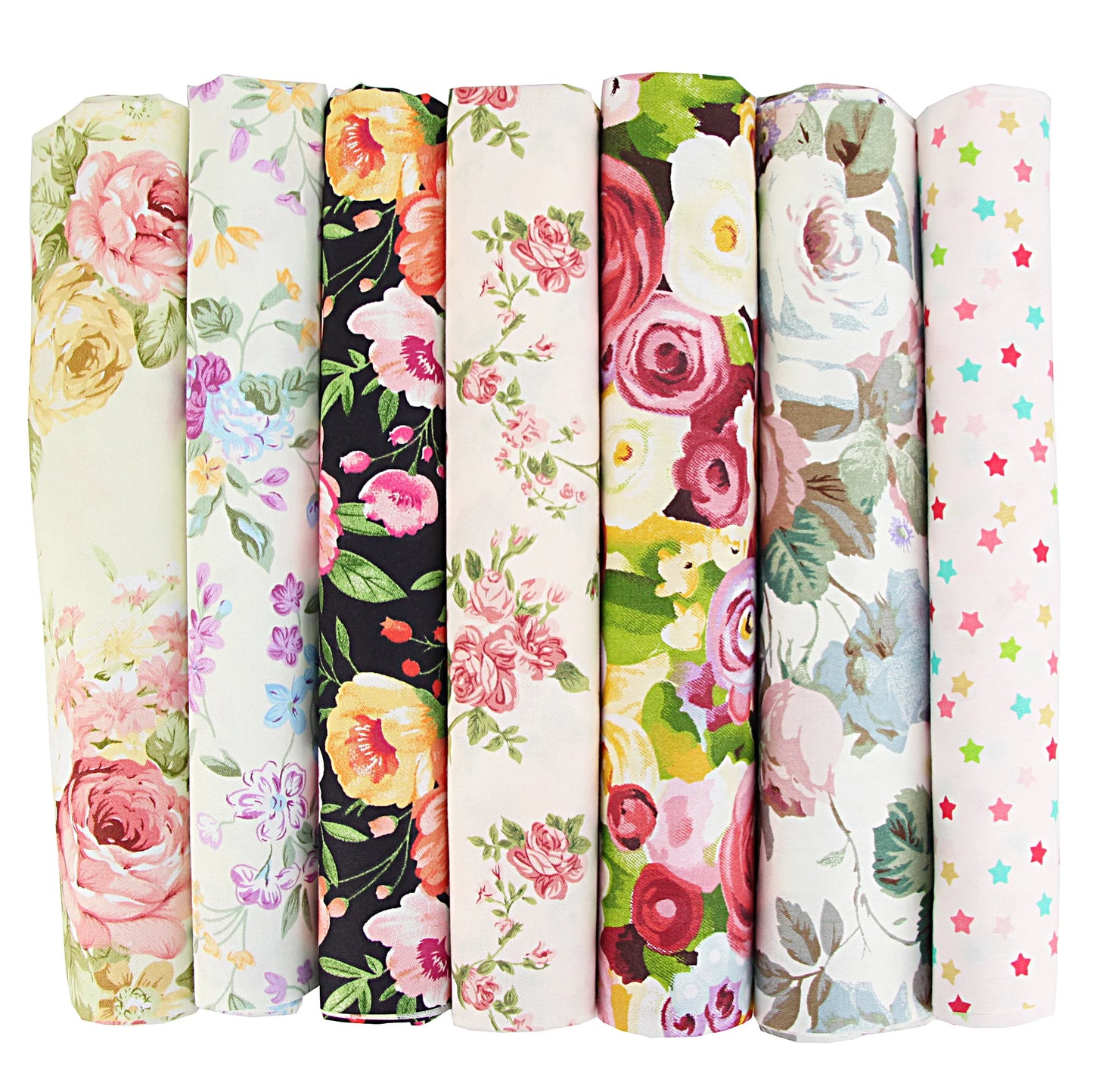 1-Set 7 Different Colors Handmade Anti-Static Printed Thin Patchwork Quilting Squares 100% Cotton Brocade Fabric Cloths/Colors-Floral/Geometric/Black/Checkered/Washable/Ironing Instructions