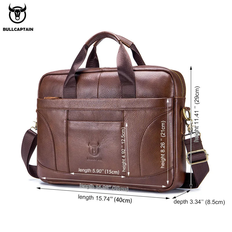 BULLCAPTAIN Cow Leather Shoulder Zipper Briefcase Bags/External Slit Pockets//14 inch Laptop Compartment /Detachable Handle/Straps/Colors-Black/Brown
