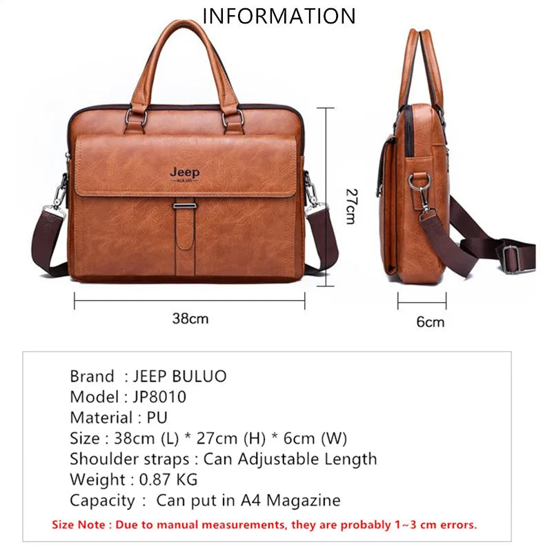 JEEP BULUO Men Faux Leather Shoulder Straps-Handle Briefcase Polyester Bags/For 14 Inch Laptop/Pockets/Laptop Compartment/Colors-Brown/Black