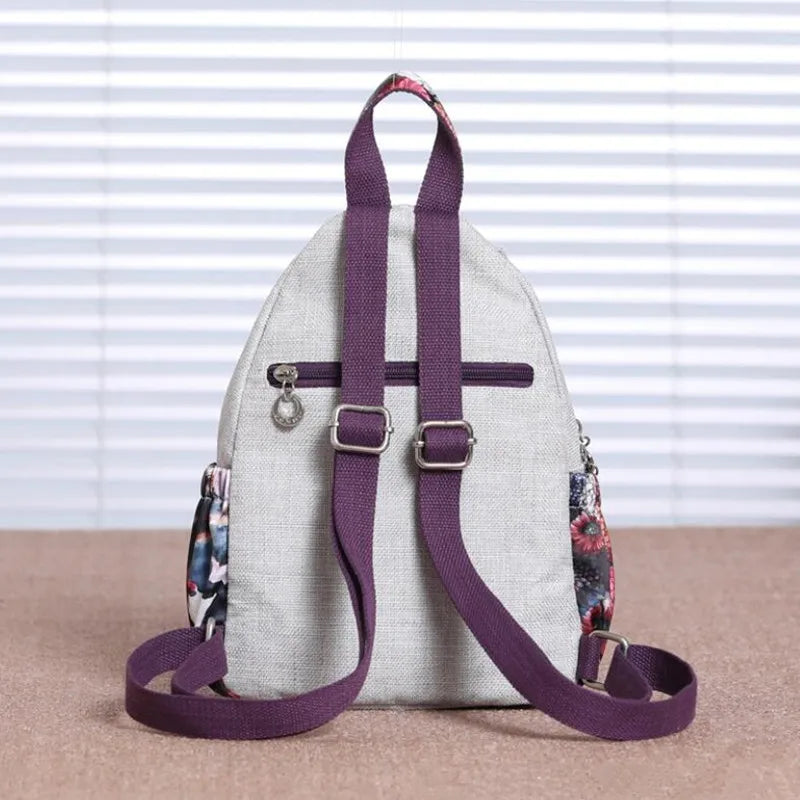 Women Lightweight Zipper Softback Floral Bohemian Handmade Linen Polyester Backpacks/ External Pockets/Back Strays-Handle/Purple/Gray/Multicolor