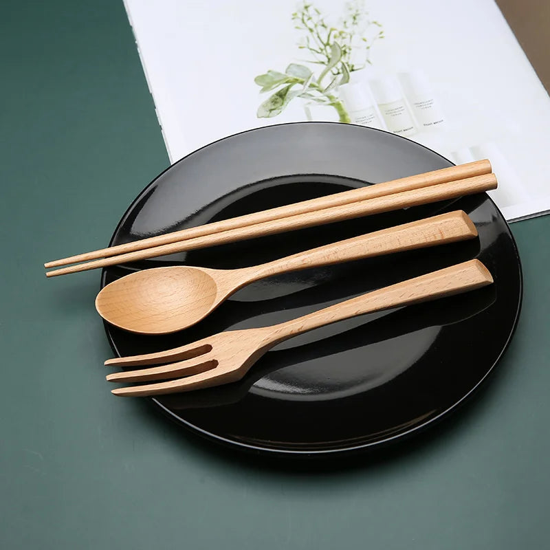 Handmade Japanese Beech Wood Chopsticks Spoon , Fork Set with Gift Pocket