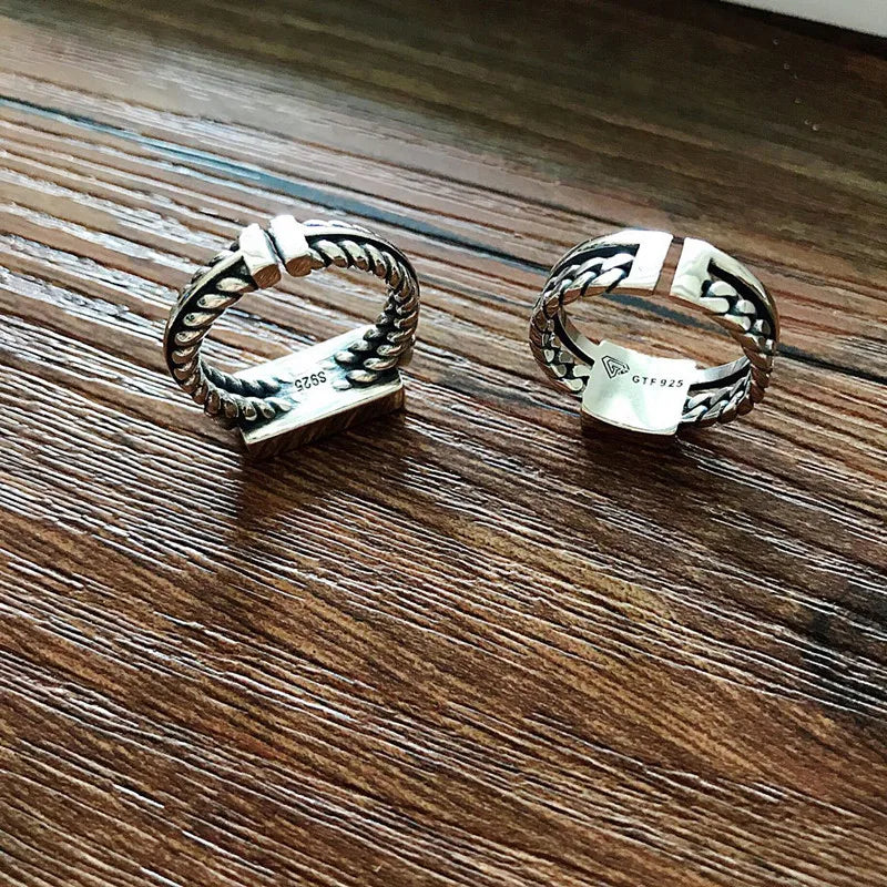 QMCOCO Adult Women Metal Rectangle Flat Silver-Black Stone Design Adjustable Wedding Bands Imitation Round Rings