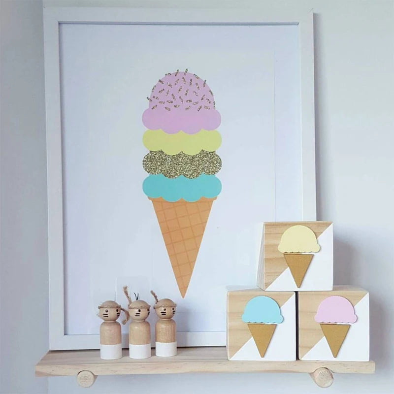 Unisex Room Decoration Customized Square Nature Wood Blocks With A Hearts-Swan-Crown-Popsicles-Ice Cream Cones-Gold Eyelashes Blocks/Colors-White/Pink/Purple/Gray/Gold