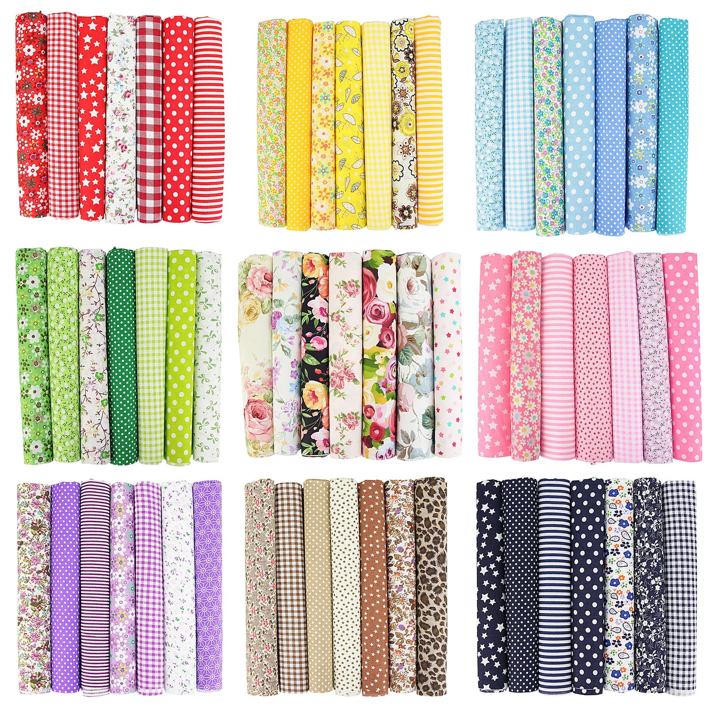 1-Set 7 Different Colors Handmade Anti-Static Printed Thin Patchwork Quilting Squares 100% Cotton Brocade Fabric Cloths/Colors-Floral/Geometric/Black/Checkered/Washable/Ironing Instructions
